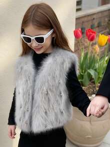 Elladie kids 1 szt. Wysokiej jakości, nowa, ciepła, modna, uniwersalna kamizelka bez rękawów dla dziewcząt, jednolity kolor, ciemnoszary, odpowiednia na wyjścia, do szkoły, na co dzień, jako warstwa zewnętrzna, na spotkania, na wiosnę/jesień/zimę, kamizelka o regularnym kroju