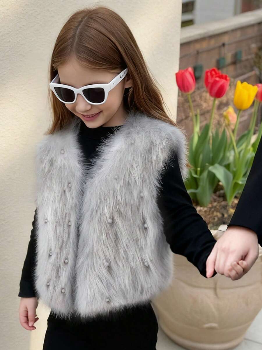 Elladie kids 1 szt. Wysokiej jakości, nowa, ciepła, modna, uniwersalna kamizelka bez rękawów dla dziewcząt, jednolity kolor, ciemnoszary, odpowiednia na wyjścia, do szkoły, na co dzień, jako warstwa zewnętrzna, na spotkania, na wiosnę/jesień/zimę, kamizelka o regularnym kroju