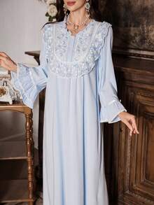 PalaceNights 复古宫廷风刺绣蕾丝边女士长款睡裙，冬季，宽松睡衣 - 淺藍色 - 查看 6