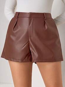Chikora Plus Size Solid Color Pleated Waist Belt Loop Straight Loose Casual Shorts - Camel - View 3