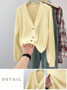 SHEIN 少女纯色V领短款休闲宽松落肩长袖开衫毛衣，秋季款 - 黃色 - 查看 9