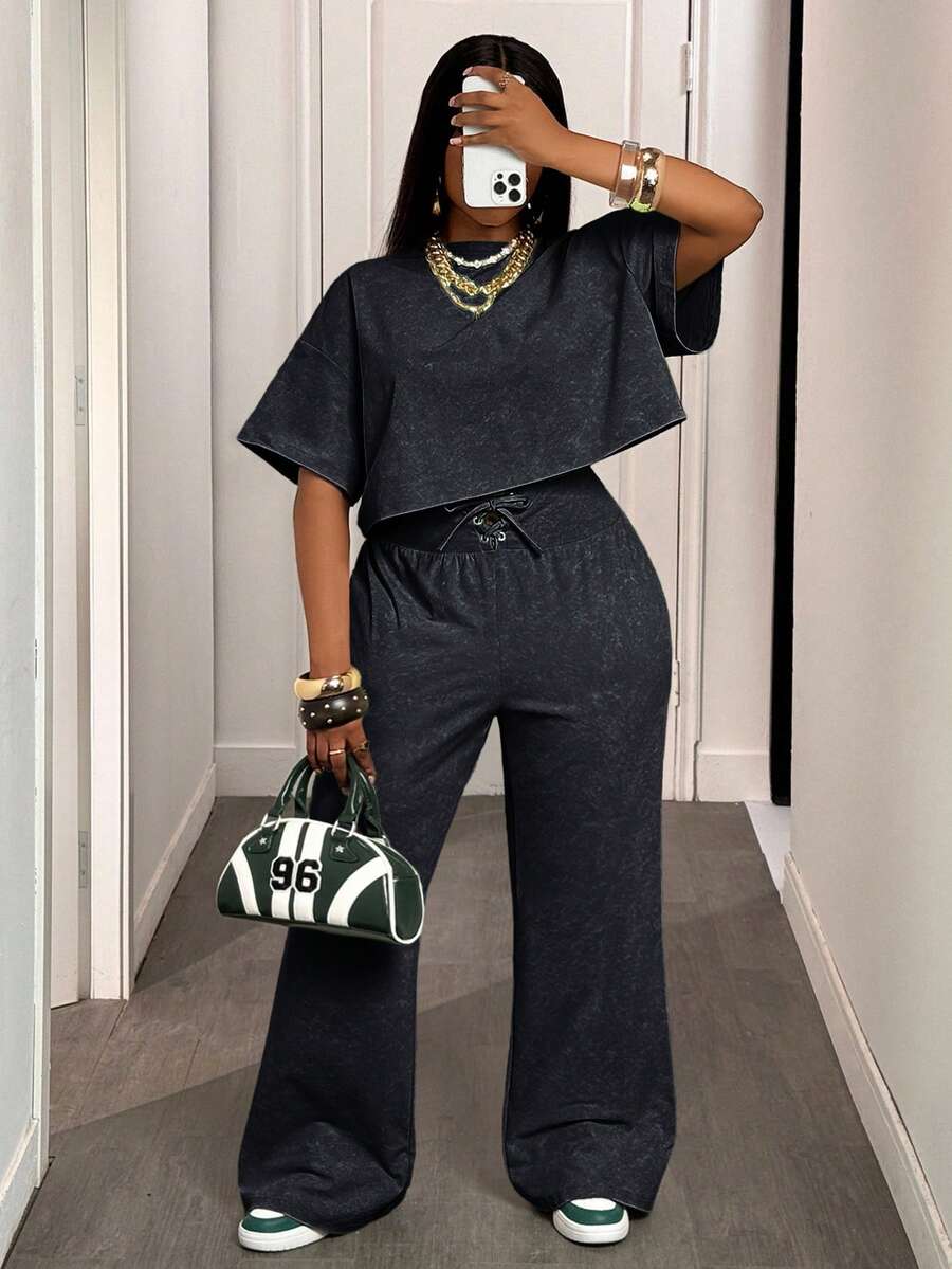 Slaydiva Bộ đồ hai mảnh nữ mùa hè và thu 2025 Áo thun ngắn tay cổ tròn rộng màu xanh lá cây đơn giản thoải mái + Quần ống rộng buộc eo, thích hợp cho du lịch hàng ngày, trở lại trường, tốt nghiệp