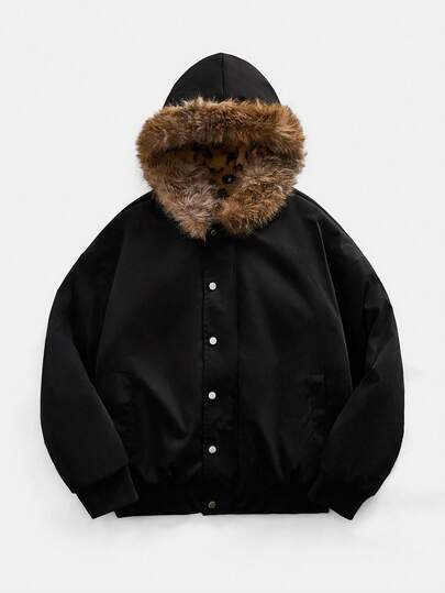 Street Life Men's Fluffy Collar Hooded Padded Coat, Loose Fit