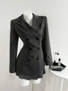 Elamini 女士灰色条纹修身中长款西装外套，百搭职业装，适合办公室、商务休闲、通勤、秋冬季穿着。 - 灰色 - 查看 7