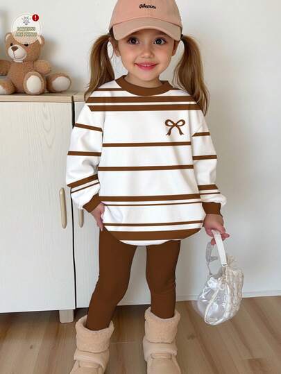 SHEIN Happikins 2pcs/Set Young Girl Casual Minimalist Fashion Classic Coffee Stripe & Mini Bow Pattern, Merlot Color, Round Neck Long Sleeve Sweatshirt And Leggings, Suitable For Autumn/Winter Girls Brown Outfit Brown Outfit Kids Brown Outfits For 4 Yr Olds Tan Outfit Kids