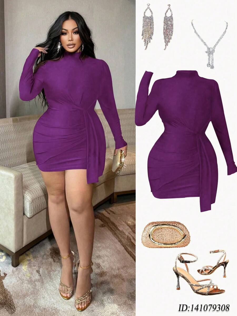 SHEIN LUNE 大码女式收腰紧身连衣裙，高领性感派对迷你裙，适合秋冬季穿着 - 紫色 - 查看 1