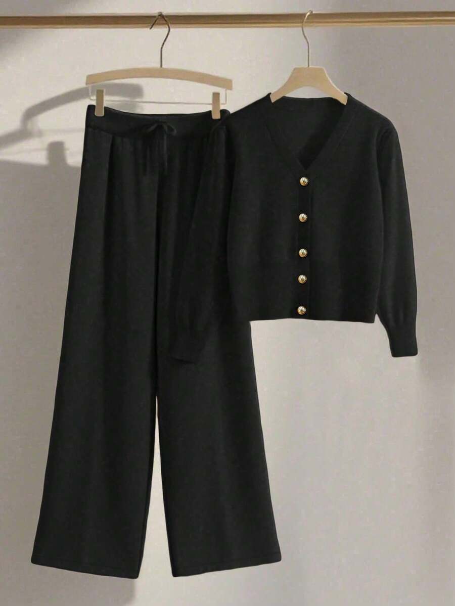 Franclia 2 st/set för kvinnor, avslappnad lös stickad tröja och byxor, loungewear-set, bekväm och minimalistisk design - Svart - Visa 1