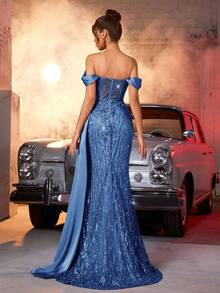 Glamrae Đầm dạ hội sang trọng, thanh lịch, đính sequin, ren và satin, kiểu dáng trễ vai, xẻ tà gợi cảm, có bèo nhún bên hông, thích hợp cho đám cưới, tiệc tùng, dạ hội, tiệc chiêu đãi, các dịp trang trọng (được trang trí cầu kỳ), Ngày Valentine. - Màu xanh lam - Xem 3