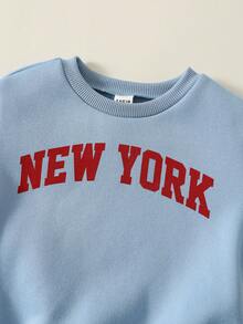 2件套婴儿男女童休闲运动灰色字母印花长袖连帽衫和运动裤套装，秋冬季 - 藍色 - 查看 8