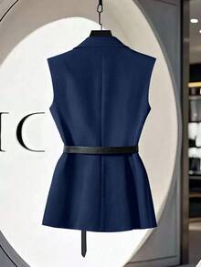 Franclia Women's Elegant Lapel NeckUnique Sophisticated Vest Jacket - Navy Blue - View 2