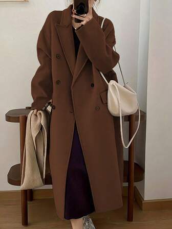 EMERY ROSE Lång grå ullkappa med knappar för dam, varm för hösten