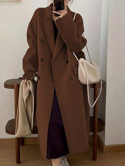 EMERY ROSE معطف صوف طويل رمادي للنساء مع أزرار، دافئ للخريف