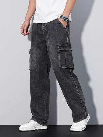 Manfinity Hypemode Men's Solid Color Pocket Casual Versatile Fashion Cargo Jeans Mens Loose Straight Leg Casual Pants Mens Relaxed Fit Cargo Jeans