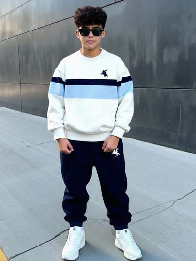 2 件套青少年男孩休闲宽松舒适拼色图案长袖圆领运动衫，适合秋冬季