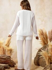 Boho Mama Maternity Two-Piece Set,Women's Boho Lace Textured Top And Pants Set,Adjustable Elastic Waistband,Holiday Birthday White Autumn Casual Matching Set - White - View 6
