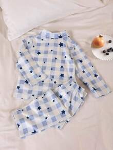 两件套男童优雅蓝白格子星形印花翻领长袖睡衣套装 - 藍色 - 查看 2