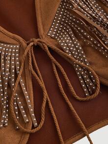 SHEIN MOD 女士波西米亚风70年代流苏无袖外套，秋季外套上衣，女士秋季夹克，西部夹克，牛仔夹克