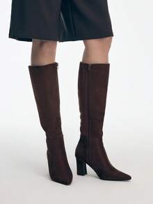Mnmlis 女士时尚百搭通勤粗跟过膝长靴 - 棕色 - 查看 6