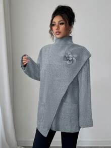 Selianne 女士优雅羊毛披肩领大衣，秋冬约会的精致时尚之选 - 淺灰色 - 查看 1