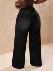 Slaydiva Plus Size Women Denim Wide Leg Pants With Heart Pockets - Dark Grey - View 2