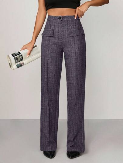 EURMUSE Broek van tweedstof, hoge taille met enkele knoopsluiting, detail met zijflap, rechte pijpen, klassieke en elegante stijl