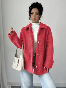 Elenzga Women's Casual Solid Color Button Front Faux Shearling Collar Jacket, Autumn/Winter - Red - View 4