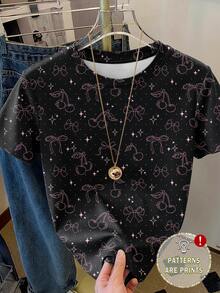 Resyla 女士休闲T恤，饰以樱桃、蝴蝶结和星星图案，街头时尚风格，适合春夏穿着。 - 彩色 - 查看 1