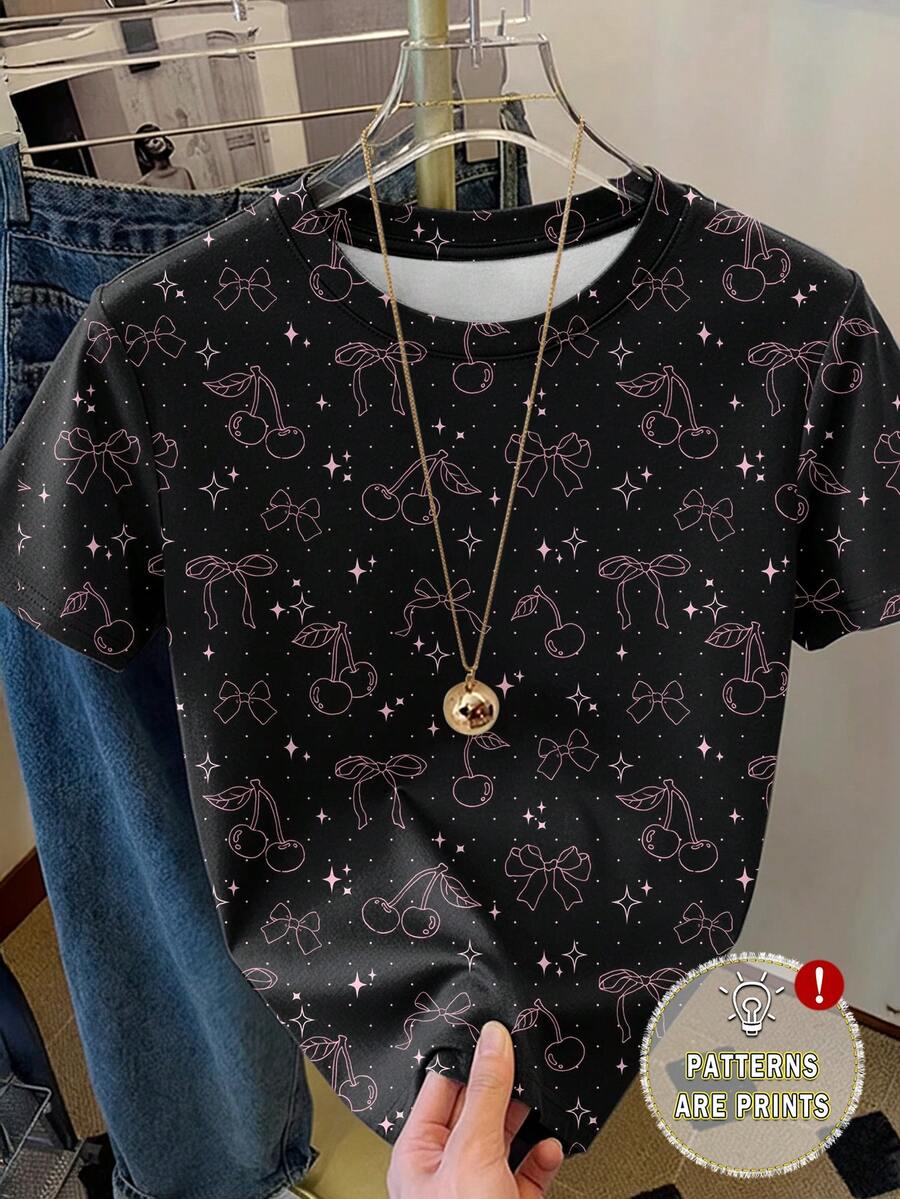 Resyla 女士休闲T恤，饰以樱桃、蝴蝶结和星星图案，街头时尚风格，适合春夏穿着。 - 彩色 - 查看 1