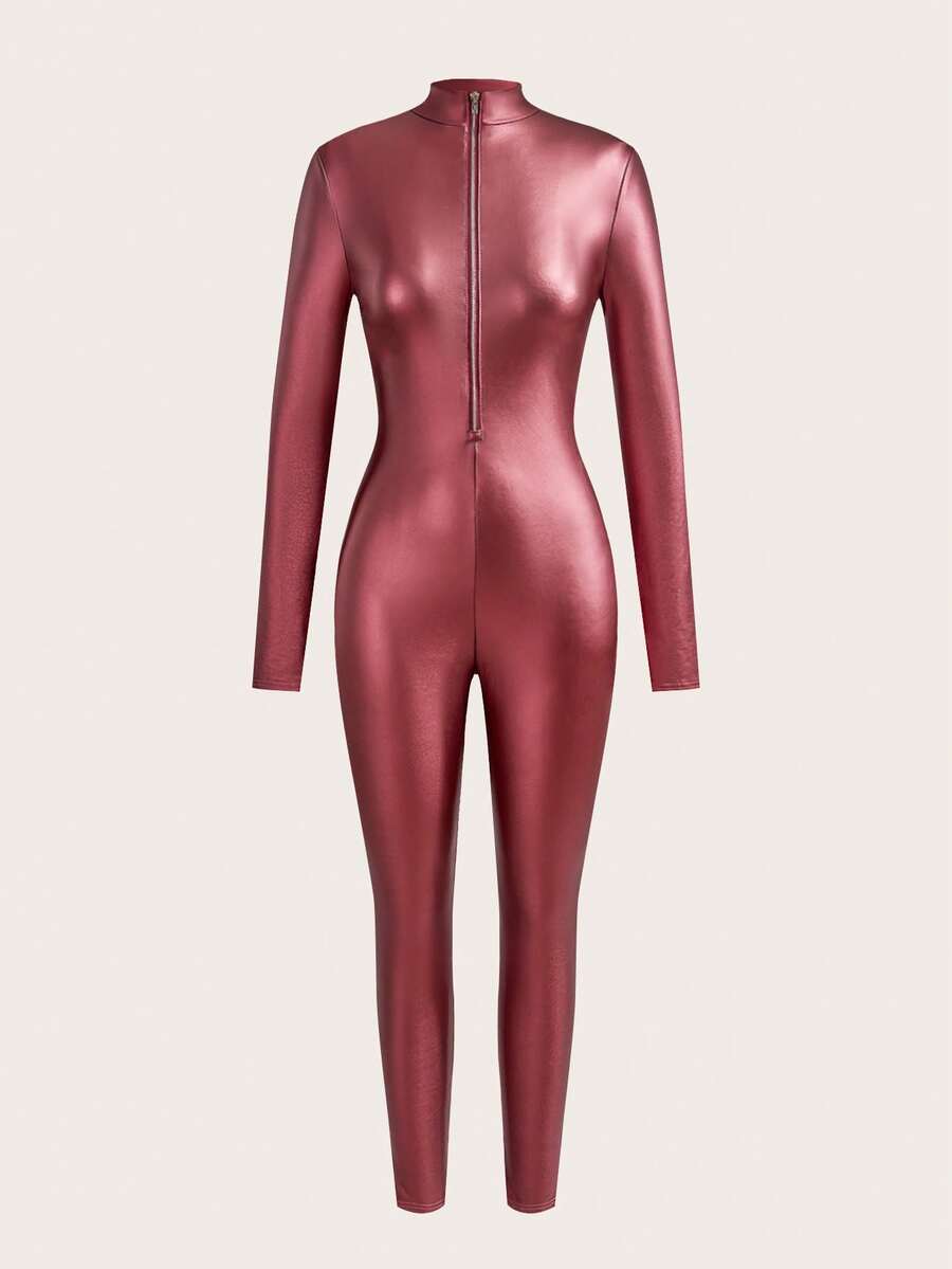 SHEIN EZwear Bộ jumpsuit dài tay màu đỏ tía co giãn khóa kéo phía trước dành cho nữ, chất liệu da, kiểu dáng catsuit, gợi cảm. - Màu Đỏ Sâu - Xem 1