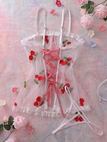 2件套女士樱桃刺绣网纱蕾丝吊带性感睡裙 - 白色 - 查看 2