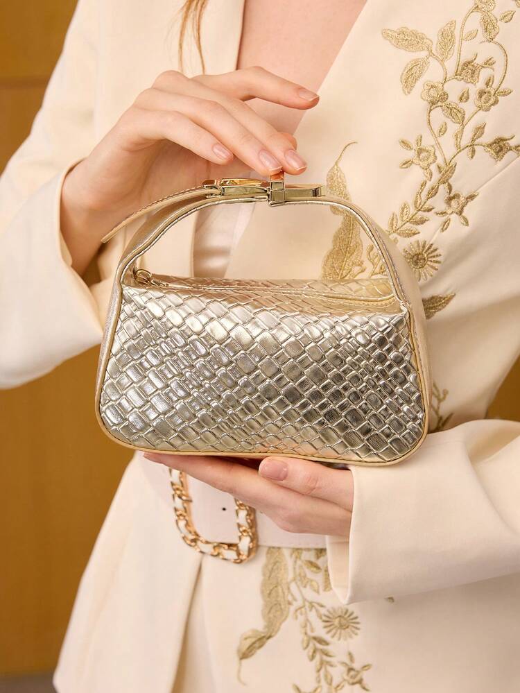 BOLSO DE MANO DE DAMA CON MATERIAL TEJIDO Y ESTAMPADO EXQUISITO, CON PEQUEÑOS DETALLES DE DECORACIÓN DE HERRAJES, NUEVO AÑO