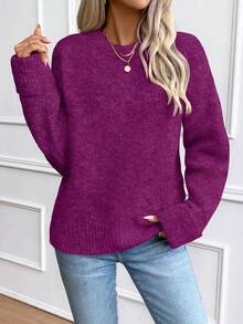 EMERY ROSE Women's Loose Fit Crew Neck Pullover Sweater With Ribbed Cuffs