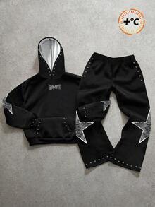 SHEIN Set de 2 piezas de ropa informal para niños/preadolescentes varones, que incluye sudadera con capucha con estampado gráfico y pantalón de chándal de pierna recta de punto - Negro - Ver 3