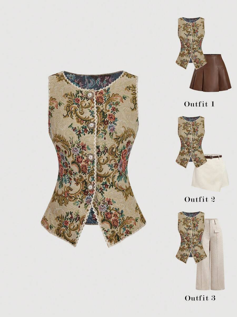 SHEIN MOD ملابس علوية نسائي بياقة مستديرة بدون أكمام وإغلاق أمامي بأزرار، خصر مناسب وأنيق، قماش جاكار، للخروجات اليومية والمناسبات، ملابس نسائية للخريف والشتاء، طراز عتيق وكلاسيكي - متعدد الألوان - مشاهدة 1