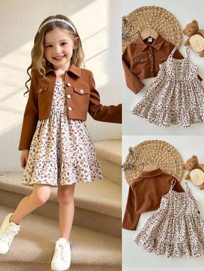 SHEIN 2pcs/Set Young Girls Casual Ditsy Floral Camisole Dress & Textured Brown Jacket, Autumn/Winter