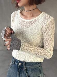 FRIFUL Women's Contrast Color Round Neck Long Sleeve Sheer Lace Fabric Layered Casual Versatile Top, Autumn/Winter - White - View 5