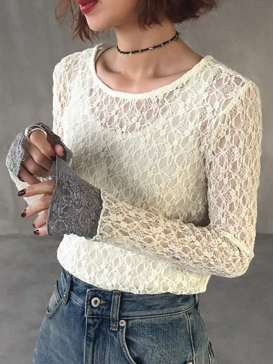 FRIFUL Women's Contrast Color Round Neck Long Sleeve Sheer Lace Fabric Layered Casual Versatile Top, Autumn/Winter - White - View 1