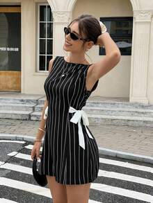 Serisse 女士条纹圆领侧系带无袖时尚迷你连衣裙 - 黑色 - 查看 6
