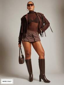 SHUZIA 女士方头粗跟高筒过膝长靴，采用优质油光PU皮革，巧克力色，侧拉链设计，宽松靴筒，线条流畅，尽显现代风范。圣诞节宽楦设计。 - 咖啡棕 - 查看 7