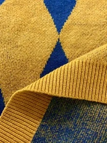 Écloséra 法式复古宽松Polo领长袖针织拼色菱形图案半扣设计卡其色女套头衫，秋冬 - 黃色 - 查看 7