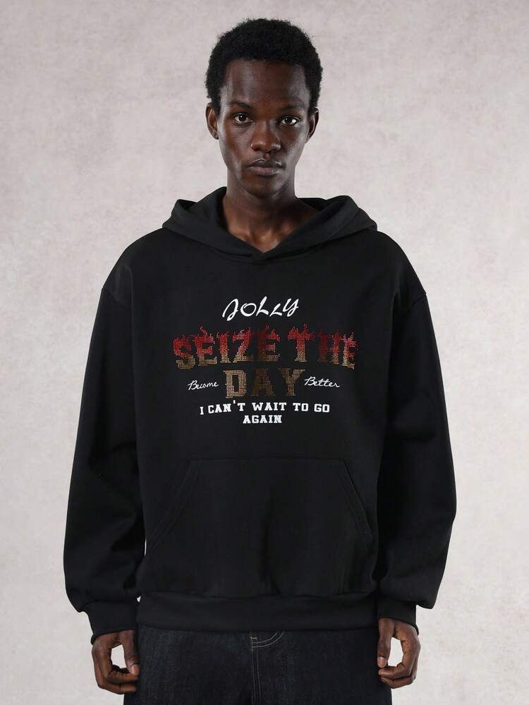 Autumn/Winter Thickened Rhinestone Embellished Black Street Hip Hop Hoodie For Men