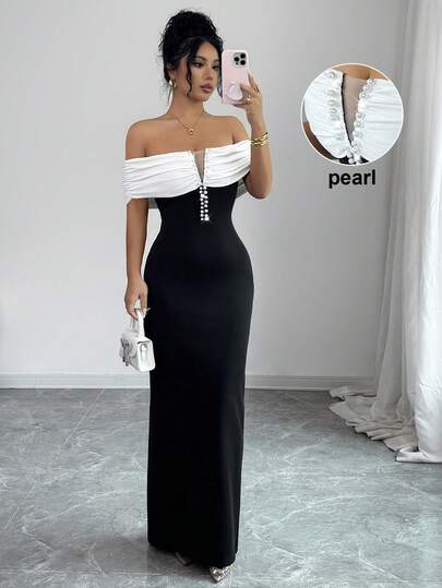 Rafferiza V-Neck Black & White Off Shoulder Long Dress With Faux Pearl Decor, Party Dress Winter Clothes For Women Winter Clothes Women's Winter Clothes Christmas Christmas Clothes Christmas Outfit For Women Christmas Women's Clothing New Year Clothes New Year Outfit New Year Women Clothes For New Year Thanksgiving Outfit For Women Thanksgiving Winter Dresses For Women Christmas Dress Christmas Party Dress New Year Dress New Year's Eve Dress Elegant Dresses For Party Elegant Party Dresses Party Dresses For Women Christmas Party Dress Elegant Party Dress Long Party Dress Elegant Party Dresses For Women Ong Party Dresses Beach Dress Beach Skirt Beach Outfits For Women Graduation Guest Dress Long Graduation Dress Luxury Evening Dresses For Weddings Luxury Evening Dresses For Women Black Dresses For Women Black Dress