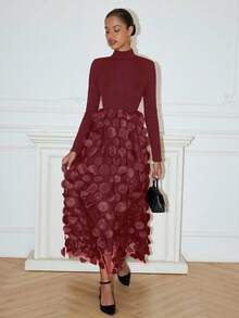 Rafferiza Women's Turtleneck Ribbed Splice Floral Mesh Elegant Long Sleeve Dress Maxi Women Outfit - Burgundy - View 5