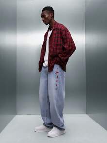 PLAYBOY X SUMWON Quần Jeans Denim Ống Rộng Giặt Sáng Màu Có Thêu Viền Đỏ, Dáng Dài Thoải Mái, Phù Hợp Mặc Hàng Ngày, Mùa Đông Xuân - Màu xanh lam - Xem 3