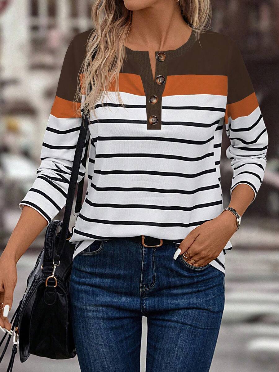 SHEIN LUNE Women Casual Striped Print Contrast Color Half-Button Cardigan Long Sleeve T-Shirt, Spring & Autumn Graphic Tees Women Tops For Spring - Multicolor - View 1
