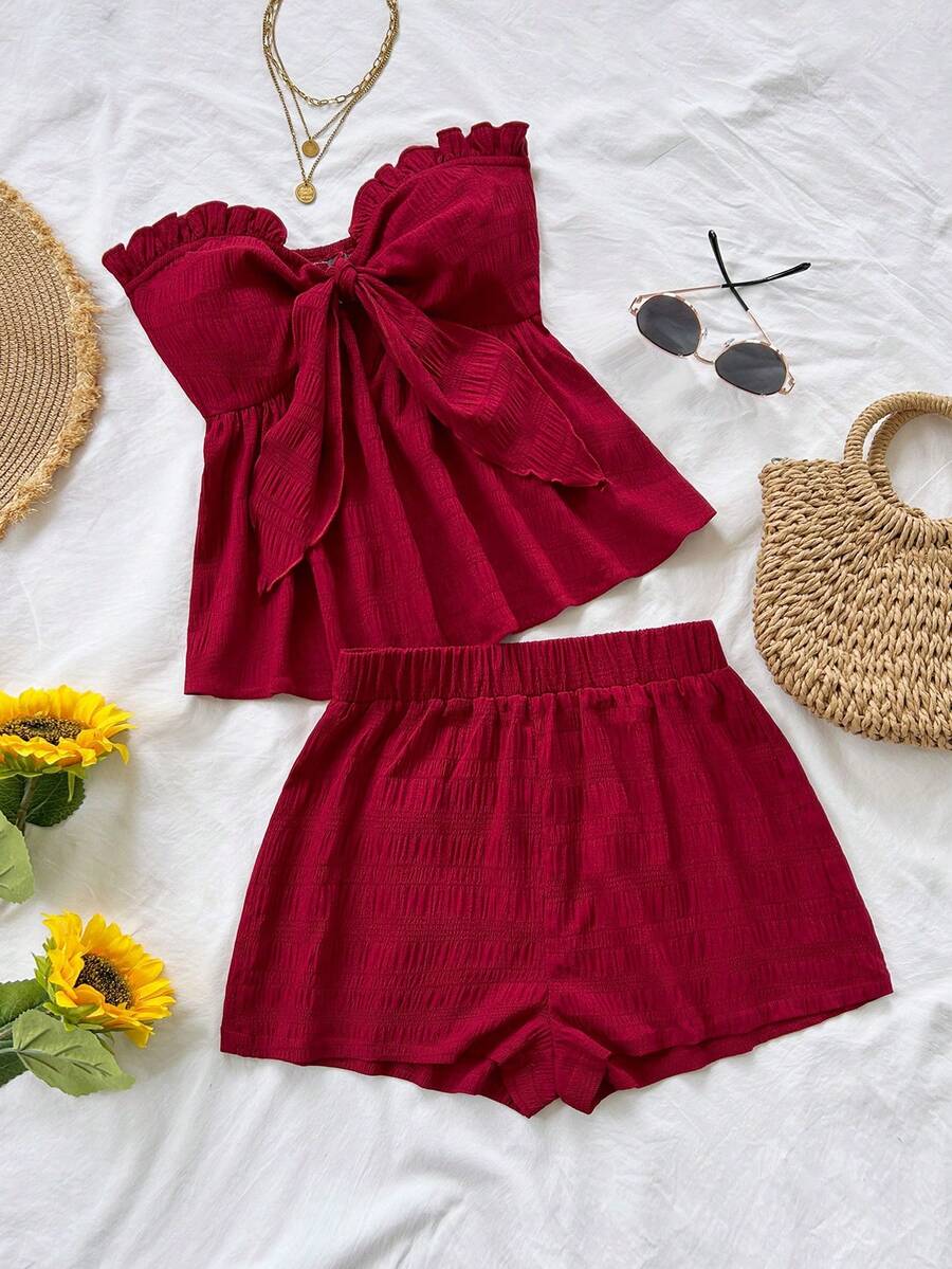 Soleia 女士条纹印花荷叶边下摆扭结前襟无袖露脐上衣和休闲短裤两件套，适合派对、海滩、海边穿着 - 紅色 - 查看 1