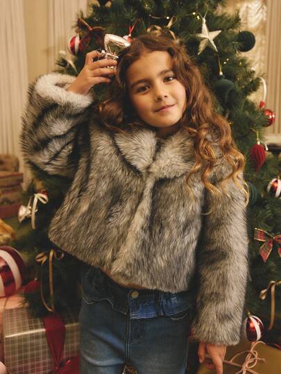 1pc Girls Young Girl Winter New 2025 Faux Mink Fur Fluffy Fabric Lapel Cardigan Long Sleeve Loose Fit Elegant Vintage Versatile Thick Warm Coat Jacket