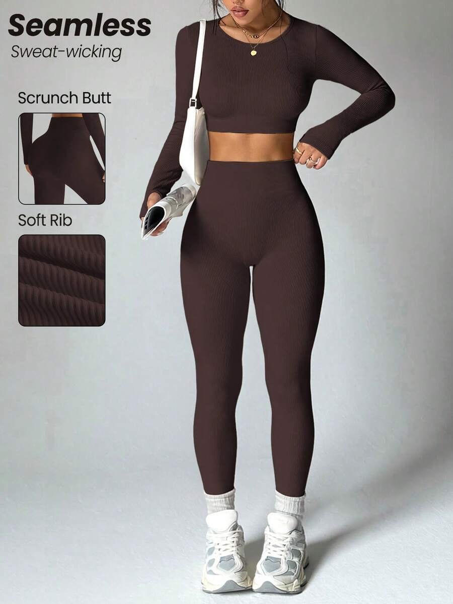 SHEIN Dewbera Conjunto de ropa deportiva elástica y sin costuras para mujer, de unicolor, con cuello redondo, mangas raglán y corte ajustado