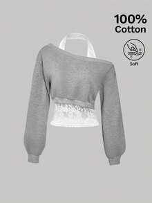 SHEIN MOD Women's Casual Everyday Commute Contrast Lace Asymmetrical Neck Loose Pullover Sweatshirt, Spring/Autumn Cropped Sweatshirt Crop Sweater Women Long Sleeve Crop Grey Crop Top Concert Top Autumn Winter Women Women's Winter Sweatshirts Christmas Sweatshirt - Light Grey - View 1