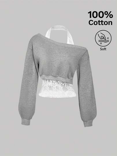 SHEIN MOD Women's Casual Everyday Commute Contrast Lace Asymmetrical Neck Loose Pullover Sweatshirt, Spring/Autumn Cropped Sweatshirt Crop Sweater Women Long Sleeve Crop Grey Crop Top Concert Top Autumn Winter Women Women's Winter Sweatshirts Christmas Sweatshirt